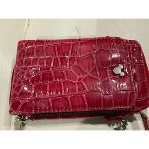 Red Crocodile‎ Embossed Wristlet Wallet with Mickey Mouse Charm Zip Around